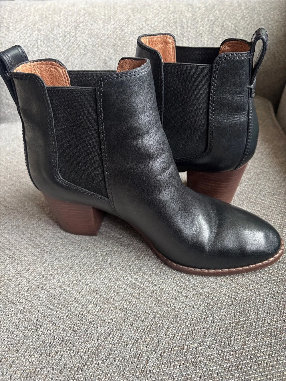 Madewell Black Leather Chelsea Ankle Boots with Brown Heel